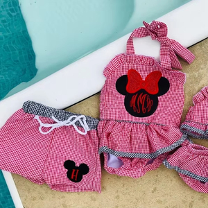 Costume da bagno per bambina con monogramma di <span class=keywords><strong>Minnie</strong></span> topo rosso a righe Seersucker costume da bagno per bambina e bambina - Product Image 1