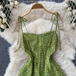 Summer Female Slit Chrysanthemum Print Dress 2023 New French Beach Vacation A-line Slim Strap Miniskirt