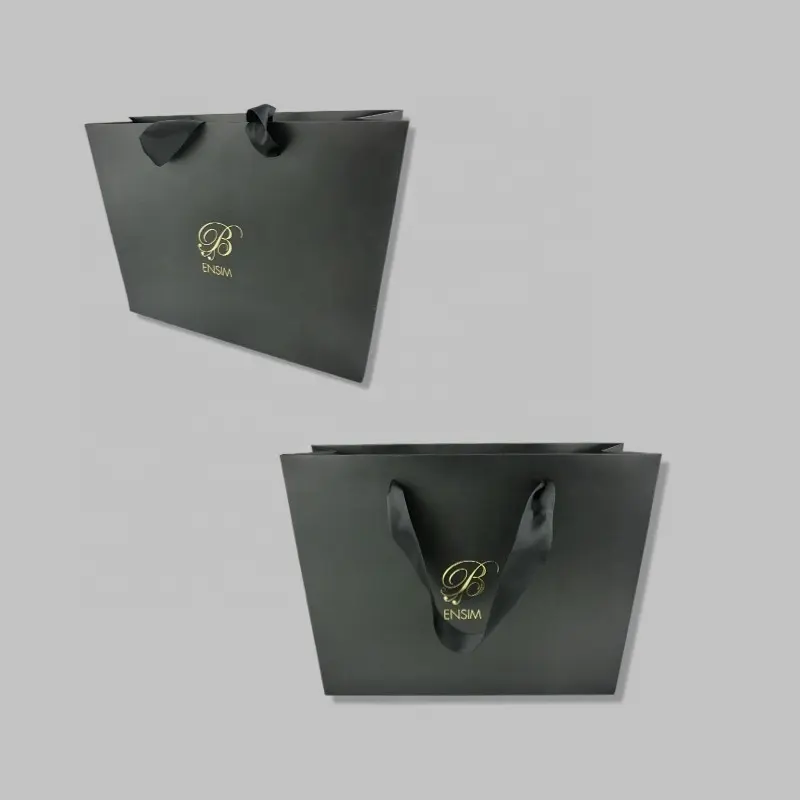 블랙 카드 아트 크래프트 특수 종이 맞춤형 UV 로고 디자인 종이 쇼핑 캐리어 가방 블랙 리본 핸들