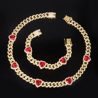 Collana con Catena Cubana da 12mm e Tre Cuori Rossi in Lega di Zinco, Stile Hip Hop, Gioielli alla Moda