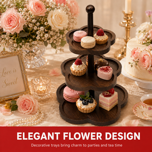 Support à gâteau en MDF à 3 niveaux en forme de fleur - Présentoir à cupcakes et desserts en grain de bois foncé pour mariage, fête, thé de l'après-midi - Product Image 2