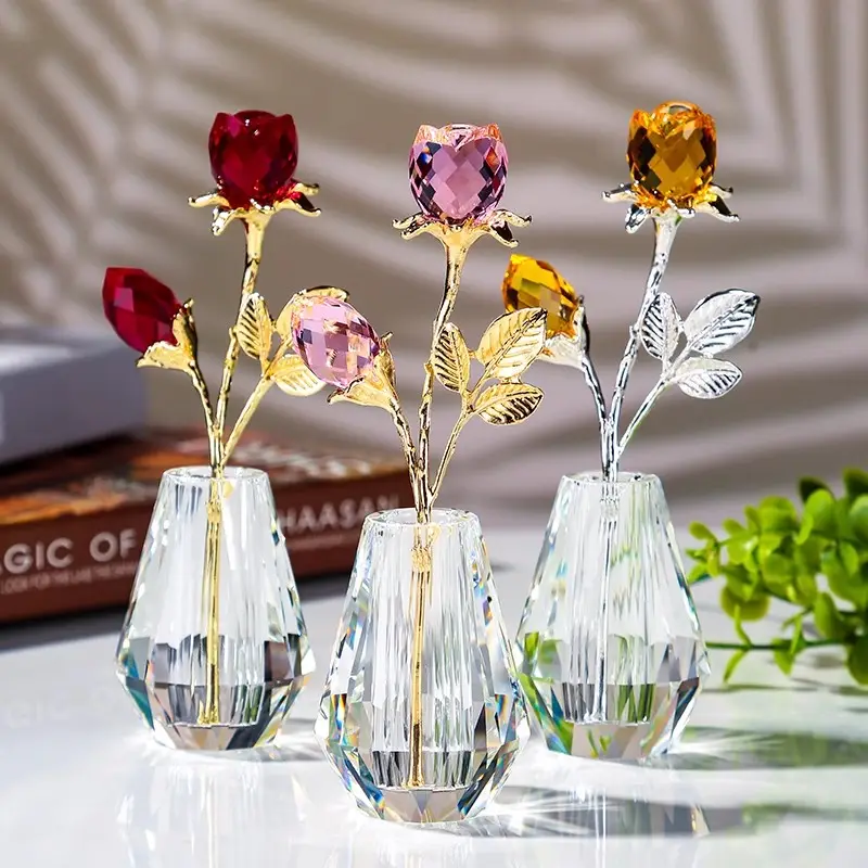 Cristal Rosa Vermelha Flor Estatueta com Vaso Handmade Rose Flower Presentes para Mulher Presentes De Casamento para Casal Home Party Decorações