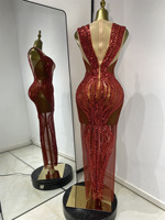 Robe de soirée longue rouge vif à sequins et cristaux en tulle transparente, style européen et américain, pour chanteuse, scène, fête, performance estivale