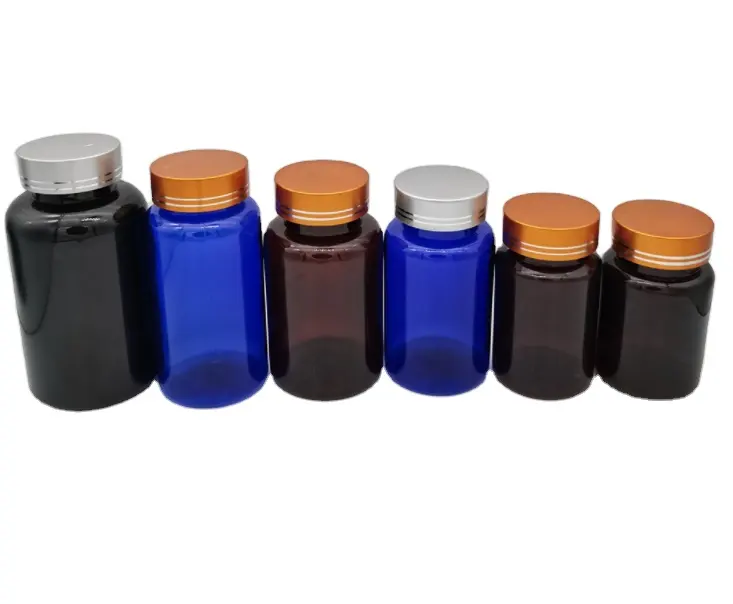 PET 80ml 100ml 150ml 200ml 250ml amber blue red capsule bottle with silver black golden cap lid flip caps lid for pill table