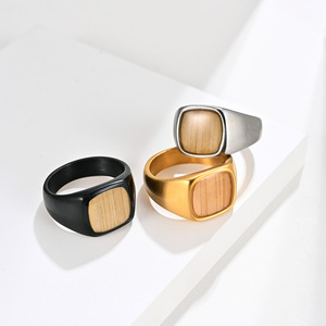 yunnique punk street hip-hop 18K gold plated, wood veneer inlaid <b>titanium</b> steel <b>ring</b>, square shape, trendy fashion - Product Image 2