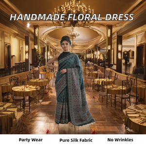 Sari de fiesta de seda indio-pakistaní, sin arrugas, hecho a mano, con bordado floral, manga abullonada, cuello en V, alta calidad, precio al por mayor - Product Image 2