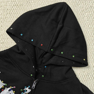 Sweat à capuche zippé pour homme, style gothique original personnalisé, avec logo, imprimé strass, coupe oversize et épaules tombantes, streetwear - Product Image 3