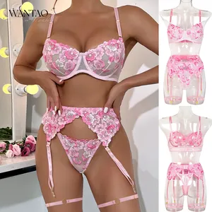 Grosir set lingerie motif bunga bordir lingerie garter seksi set lingerie elegan warna pink empat potong
