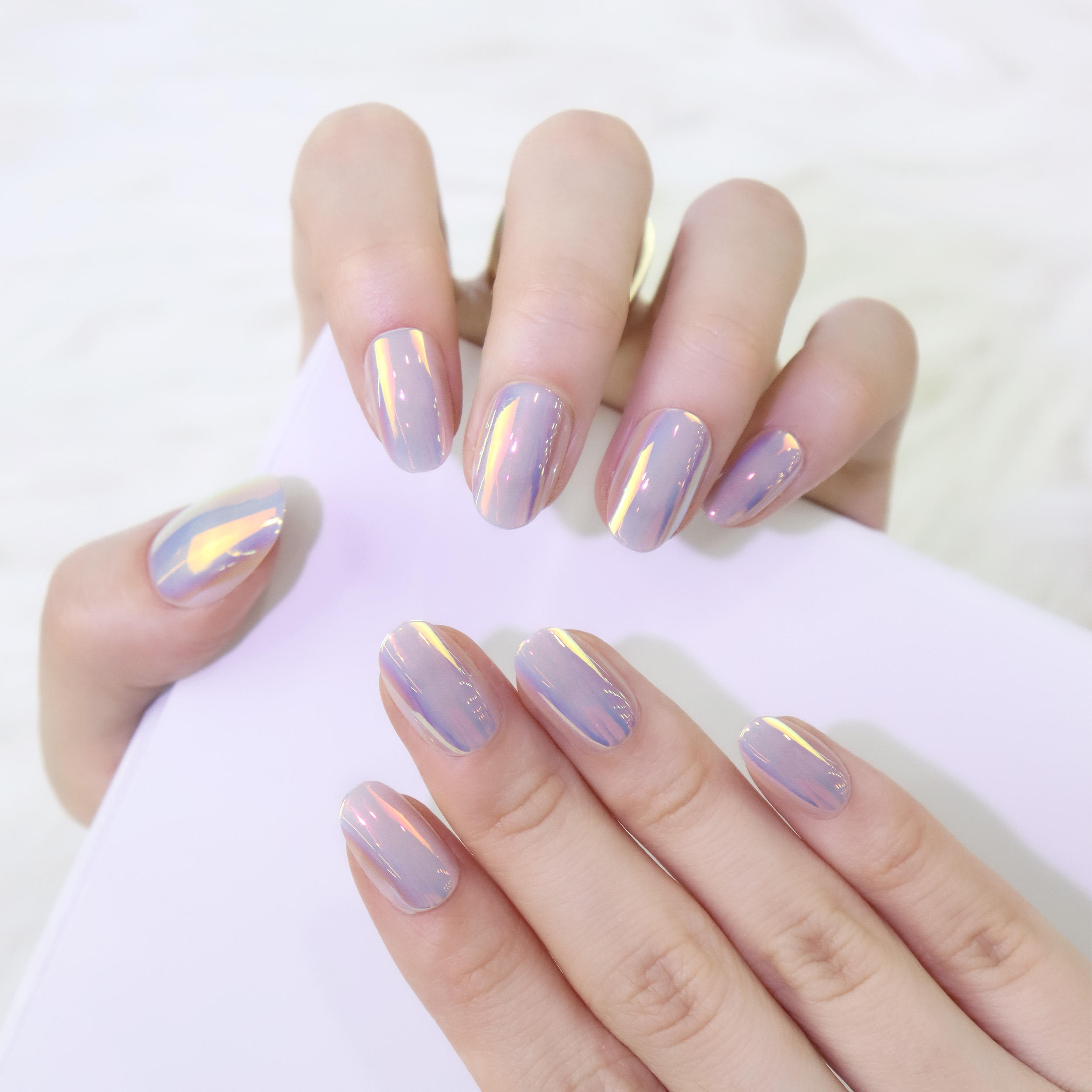 AIERFEI Ready to Ship Stunning Mirror Chrome Press on Nail Salon Quality Fake Nails 24 Pcs Oval Shape False Nails Wholesaler