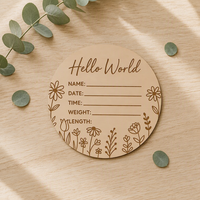 Panneau d'annonce de naissance en bois « Hello World » - Tableau de données de naissance pour nouveau-né de 5 pouces avec gravure florale, accessoire photo pour chambre d'enfant