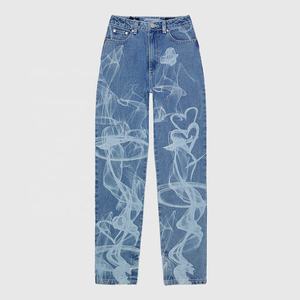 Denim <strong>Burn</strong> Out Lady High Waist Pants <strong>Laser</strong> Etching Womens Cotton Jean <strong>Laser</strong> Printing <strong>Blue</strong> Washed Straight Women Jeans - Product Image 3