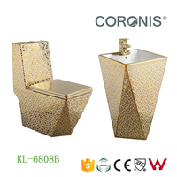 Sanitaires de luxe, style européen moderne, WC monobloc à double chasse, plaqué or, à poser au sol, décoration de salle de bain, lavabo sur pied