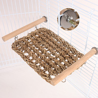 Filet d'escalade en jonc de mer naturel pour oiseaux, hamac suspendu en maille pour perroquets avec double perchoir en bois, accessoire pour cage à oiseaux