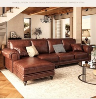 Ensemble de canapé d'angle Bardon de style américain avec chaise longue, en cuir véritable pleine fleur huilé et ciré marron vintage pour salon