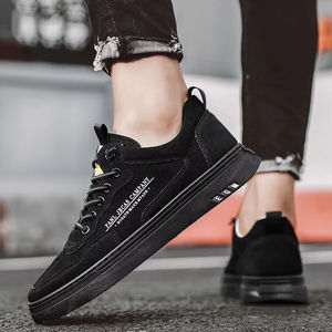 Zapatos de cuero PU negros de moda, zapatillas deportivas casuales con cordones para hombre, los más vendidos, zapatos planos sin cordones para caminar. - Product Image 1