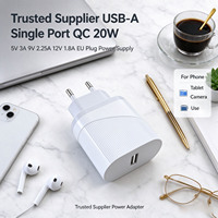 Harga Grosir USB-A Single Port QC 20W 5V 3A 9V 2.25A 12V 1.8A EU Plug Power Supply untuk Pengisi Daya Ponsel di Rumah, Kantor, dan Perjalanan