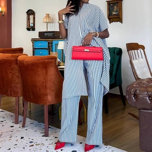 เสื้อเชิ้ตลายทางแขนสั้นลำลอง กางเกงขายาวเอวสูงทรงขากว้าง สไตล์แอฟริกันใหม่ ชุดแฟชั่นผู้หญิง 2 ชิ้น - Product Image 4