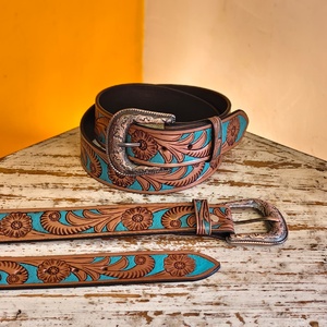 Cinturones de Cuero Genuino Premium para Hombre, Cinturón con Cuentas de Cristal y Hebilla Metálica, Accesorios de Moda al por Mayor, Grabado Floral - Product Image 3