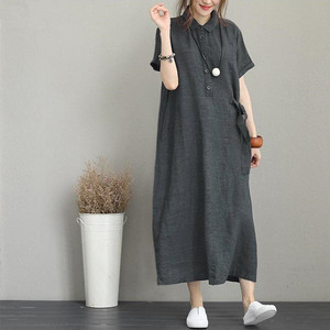 <span class=keywords><strong>Abito</strong></span> Casual da Donna, Nuovo Modello Estivo <span class=keywords><strong>Lungo</strong></span> in Cotone-<span class=keywords><strong>Lino</strong></span> con Colletto, Maniche Corte, Tasche e Vestibilità Comoda - Product Image 3