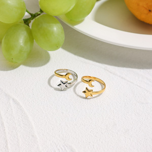 Star Moon <b>Open</b> <b>Ring</b> 18K Gold Plated Stainless Steel Geometric Design Unisex Jewelry Gift - Product Image 2