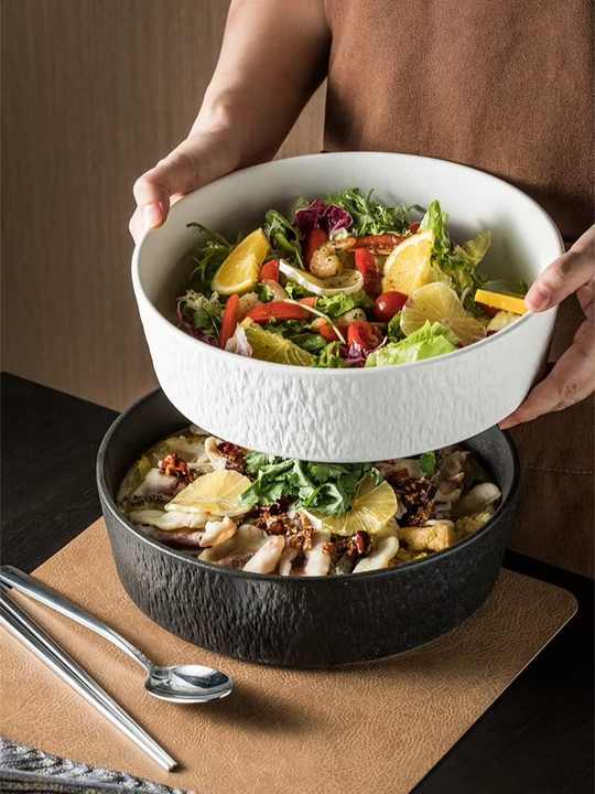 Big Capacity Stoneware Soup Bowl - Rocky Black Deep Ceramic Mixing