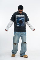 T-shirt à manches longues pour homme, personnalisé, surdimensionné, noir délavé, avec impression DTG motif palmier, effet vieilli et usé, style streetwear