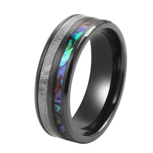 8mm Groove Inlay Abalone Shell &Real Meteorite Modern Mens Wedding Band Tungsten Black Zirconium Titanium Rings