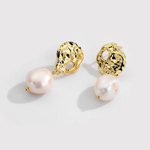 Küpe takı 925 gümüş düzensiz şekil altın kaplama çiviler küpe beyaz barok inciler E282E - Product Image 2