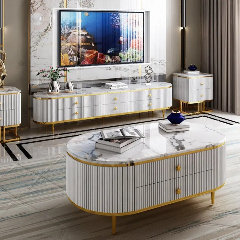 Mármore de luxo moderno flutuante, aço inoxidável, tv gabinete e mesa de café, conjunto de mesa lateral para sala de estar, móveis