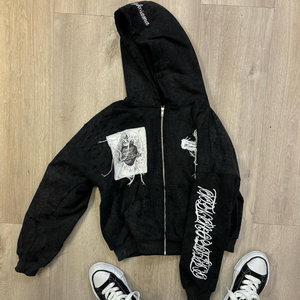 Sudadera con capucha bordada desgastada con lavado ácido de algodón pesado de 600 Gsm personalizada sudadera con cremallera y hombros caídos rasgados - Product Image 3