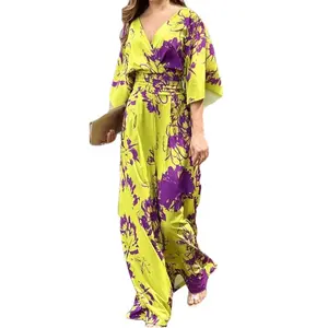 Aangepaste Vrouwen Elegante Print Losse Vleermuis Mouw Hoge Taille Jumpsuit Voor Feest