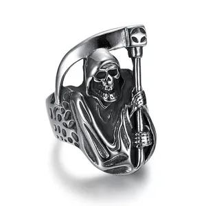 Trendiger Hochwertiger Edelstahl-<span class=keywords><strong>Ring</strong></span> im <span class=keywords><strong>Retro</strong></span>-Punk-Stil mit Coolem Sensenmann-Motiv und Dominantem Totenkopf in Antiksilber für Männer - Product Image 1