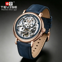 Montre mécanique automatique squelette vintage TEVISE 9829C, bracelet en cuir, étanche, montre de luxe