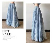 Jupe longue vintage à carreaux pour femme, ornée de perles et de dentelle, bleue et blanche, taille élastique, élégante, évasée, 100 % polyester