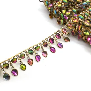 Sparkling gold claw and crystal gems embellished sash trim stone rhinestones color AB rhinestone fringe trim