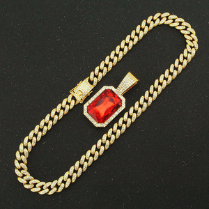 Gold Color Hip Hop Cuban Link <b>Necklace</b> with Square Red <b>Ruby</b> Crystal Pendant | Iced Out Trendy Rapper Style Jewelry for Men - Product Image 2
