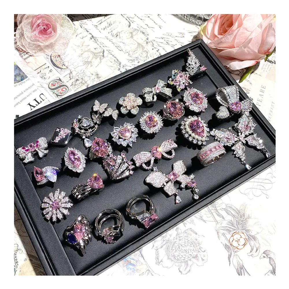 Mosinite cincin berlian fashion mewah 925 set perhiasan perak untuk wanita 925 perhiasan perak enamel empat daun cincin semanggi