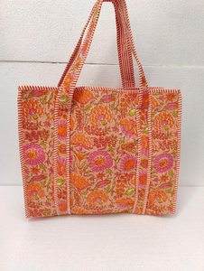 Bolso de mano de algodón bohemio con estampado floral, hecho a mano con técnica de bloques, con parte superior abierta, para compras, bolso de mujer. - Product Image 1