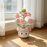 Pot de fleurs en crochet en forme de chat de dessin animé, bouquet de petites fleurs en fil acrylique, fait main, décoration intérieure pour marché