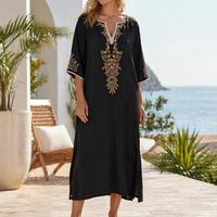 Robe Kaftan Midi Femme Noire Dorée à Broderie Florale Col en V Fendue sur le Côté Ample Cache-maillot de Plage Modeste Caftan de Resort