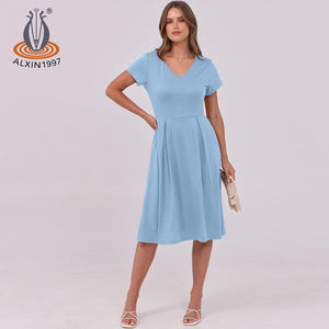 Alxin Groothandel Custom Zomer A-Lijn Korte Mouwen Meisjes Jurken Casual Vrouw Midi Jurk Damesrokken Kleding Damesjurk - Product Image 5