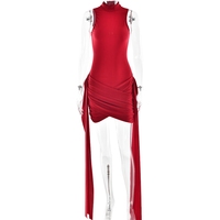ZHEZHE femmes été élégant robe de soirée de haute qualité sans manches col roulé Mini gland impression numérique pour Boutique