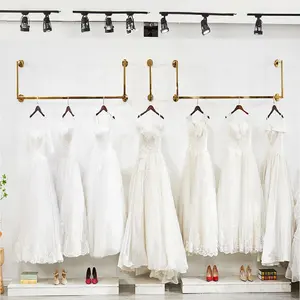 Bridal Store Rack Wall Mounted Clothing Display Wedding Dress Rack Shiny Gold Stainless Steel Long Dress Display Garment Rack