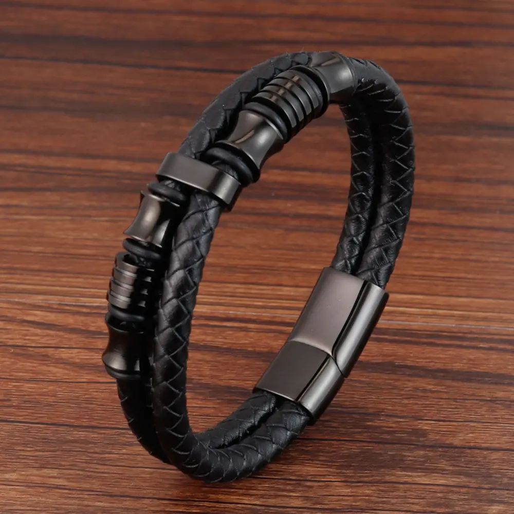 Men's Double Row Black Braided Leather Bracelet Wristband Black Stainless Steel Jewelry