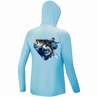 Veste de pêche à capuche pour garçons, imprimé camouflage numérique bleu clair, UPF 50, anti-UV, manches longues, respirante, avec boutons