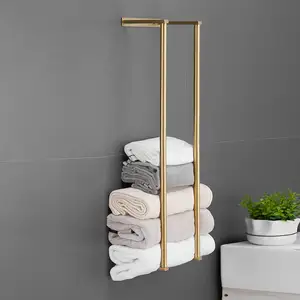 Wall Mounted Cast Iron Brushed Gold Bath Towel Holder Rolled Bathroom Organizing Rack with Luxury Style