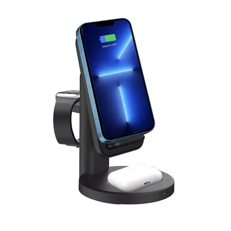 Removable Pad High Pad Wireless Charging Stand 15W Dual Coil 3 in 1 Wireless Charger Dock for iPhone iWatch Airpods