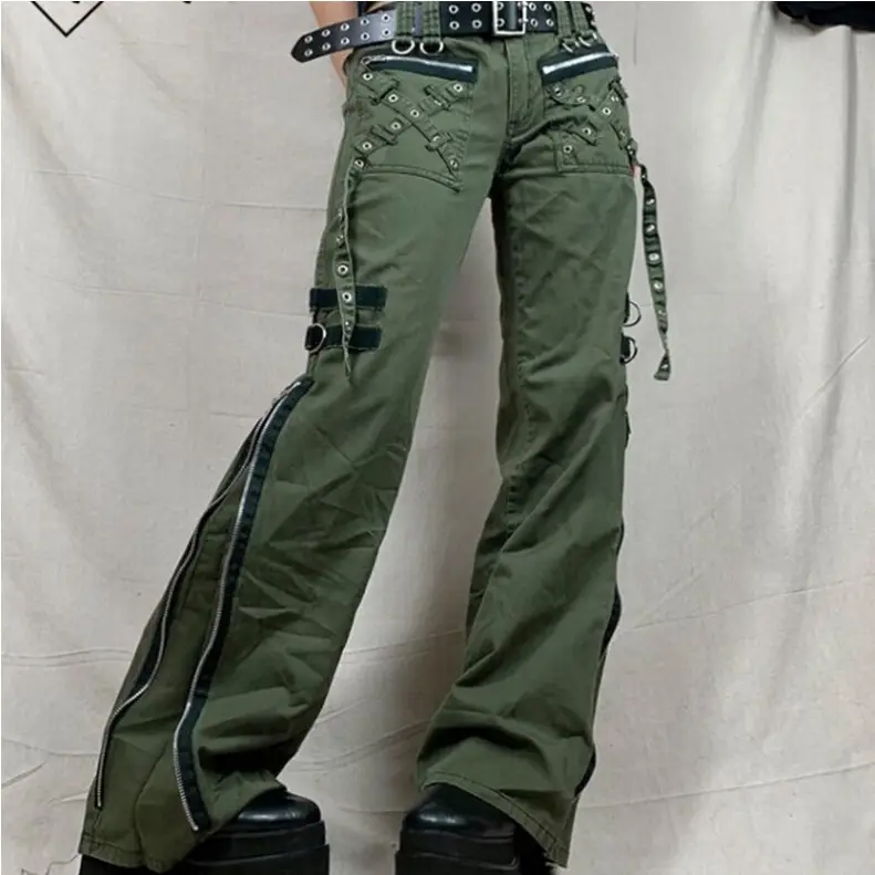 Y2k Grunge Groene Rits Jeans Bandage Lage Taille Cargo Broek Gothic Punk Baggy Retro Kawaii Broek Vrouwen Koreaanse Joggingbroek