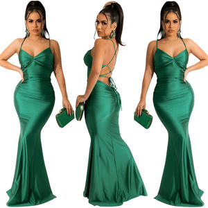 Nueva llegada de color sólido con cuello en V satén Maxi vestidos de graduación para las mujeres correa de espagueti vestidos de noche y de fiesta con patrón de impresión - Product Image 3