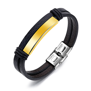 Pulseira De Couro Preto para Homens Placa De Nome De Aço Inoxidável Pulseira Ajustável Jóias De Moda - Product Image 3